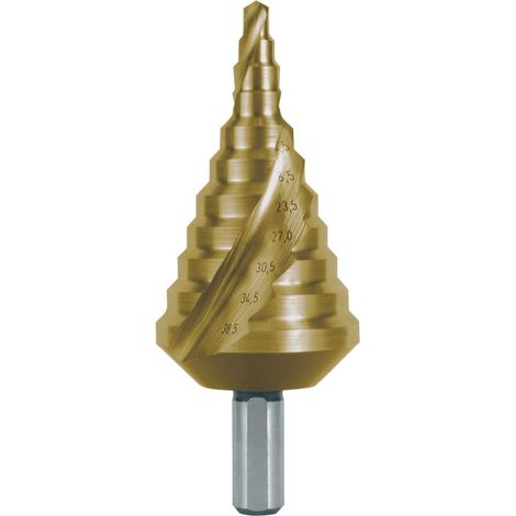 RUKO  Broca  escalonada  HSS-TiN  acanalada  en  espiral  con  afilado  cruzado  para  prensaestopas  métricos  Tam.  16  Ø  5,3  -  38,5  mm  -  101091T