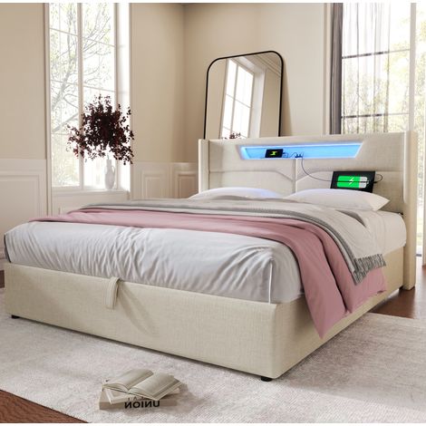 lit adulte double rangement LED 140x200 lin OKMYHOME (1/5)