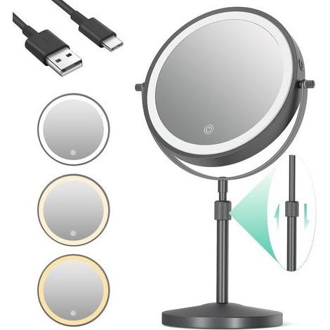 10-fach vergrößernder, beleuchteter Kosmetikspiegel, höhenverstellbar, um 360° drehbar, runder Tischspiegel mit Beleuchtung, 3 Lichtfarben, Schwarz (1/5)
