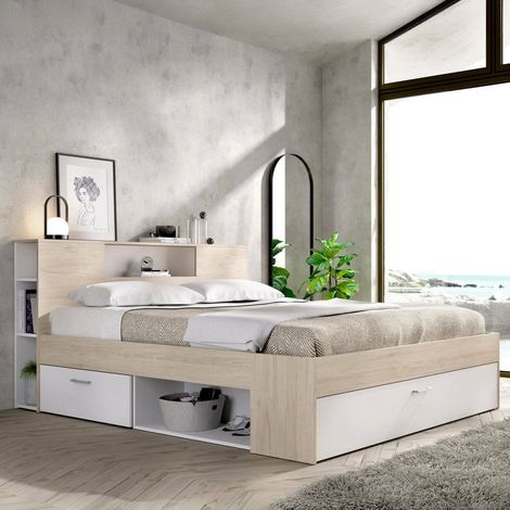 Dmora - Cama doble Fariola, Sommier para dormitorio, Estructura de cama por habitación, Estructura del sostenedor del colchón, 150x219 h95 cm, Blanco y Roble (1/5)