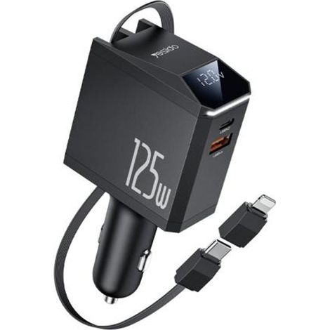 Cargador de coche Yesido de 125 W con puertos USB-C/USB-A y cable retráctil USB-C/Lightning.