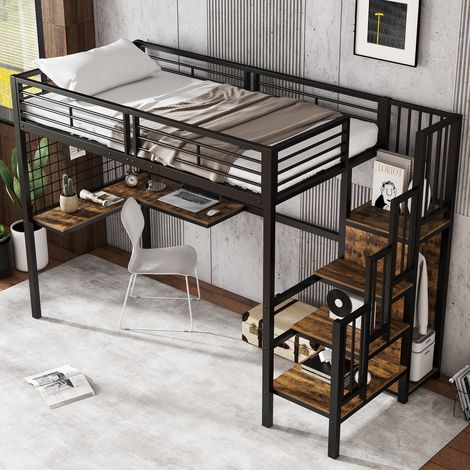 Letto a Soppalco 90x200 cm con Struttura in Metallo Nero e MDF Finitura Noce Scuro (1/5)