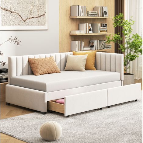 Cama tapizada individual con 2 cajones beige OKMYHOME (1/5)