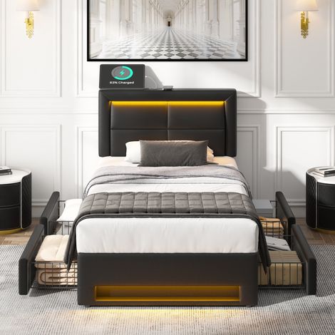 Bett Polsterbett mit Stauraum 90x190 PU Schwarz OKMYHOME