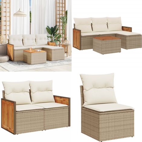 5-tlg. Garten-Sofagarnitur mit Kissen Beige Poly Rattan - Gartenmöbel Set - Rattan Möbel - Outdoor Lounge - Esstisch - Sofas - Home & Living (1/5)