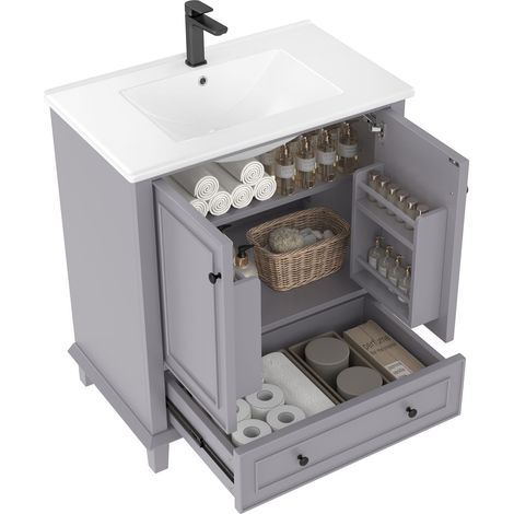 Meuble de salle de bain sur pied 76x46x87cm avec lavabo, meuble vasque, pieds en bois massif, finition laquée intégrale, résistant à l’humidité et à l’eau, grand espace de rangement, lavabo en céramiq (1/5)
