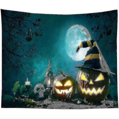 Tapisserie murale citrouille Halloween, tapis, décoration intérieure, lune nocturne, style hippie, tenture murale, décoration de plafond, peluche courte, 1 pièce (1/2)