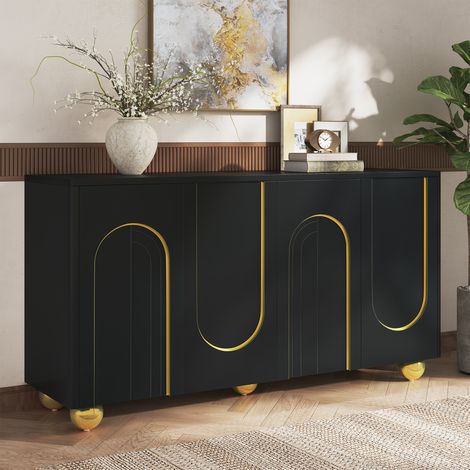 Modernluxe - Buffet de salon 140 x 40 x 74 cm - 4 portes - Décoration dorée en arc - Pieds sphériques en métal - MDF - Noir (1/5)