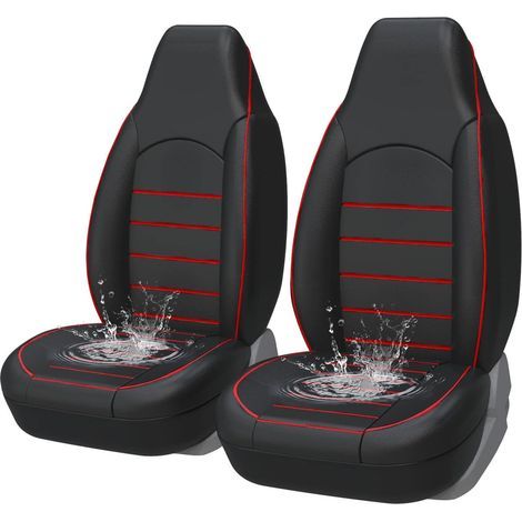 Universal black and red faux leather front car seat covers with airbag stitching (1/5)