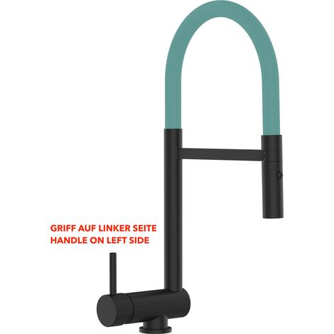 Mitigeur De Cuisine Rabattable Robinet Sous Fenêtre 6CM, Poignée à GAUCHE, avec bec pivotant 360° et douchette 2-jets détachable, Noir Mat / Turquoise (1/5)