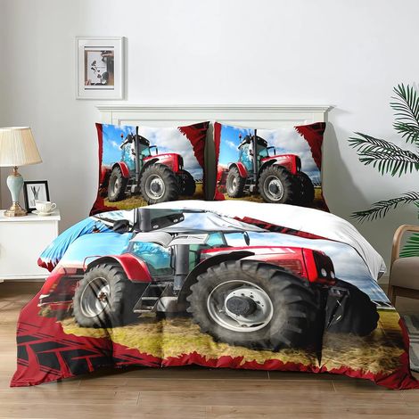 Housse de Couette Tracteur 140x200cm 3 Pièces, Enfant Parure de lit imprimé Ensemble 3D,Parure De Lit Tracteur 1 Personne avec 2 Taies d'oreiller 65x65cm(T3x140) - 140x200 (1/5)