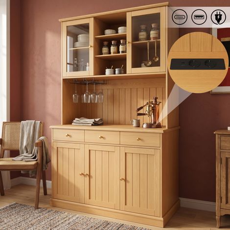 Credenza da cucina con ante in vetro, ripiano in vetro, porte USB-A/C, 120x40x191 cm, legno naturale (1/5)