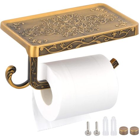 JSSEVN - Wall-Mounted Toilet Paper Holder with Shelf and Roll Holder in Retro Vintage Gold Aluminum (1/5)