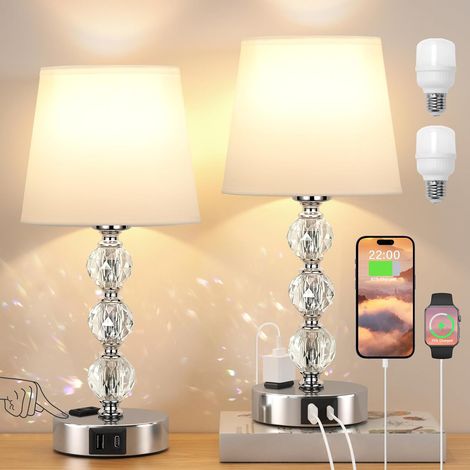 Lot de 2 Lampe de Chevet Tactile, Ports USB-A+C+Prise CA, 3 Intensité Variable, Cristal, Abat-jour Blanc, Chambre Salon Bureau