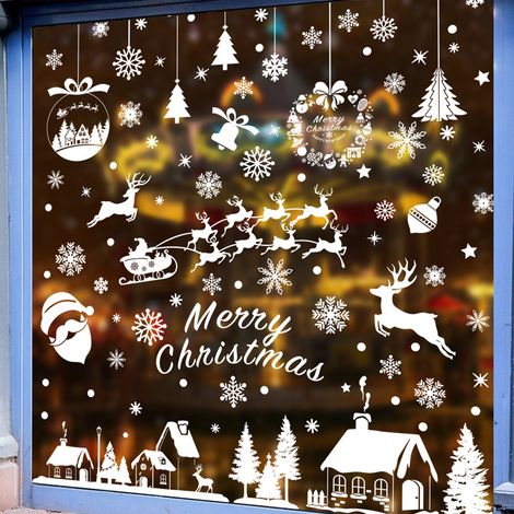 Autocollants blancs pour vitrines de Noël, guirlandes de Noël, flocons de neige, autocollants statiques, autocollants pour vitrines de traîneaux de rennes, décorations de Noël pour vitrines de magasin