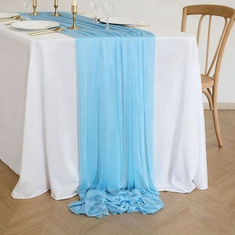 Dos caminos de mesa de gasa, decoración de mesa para bodas bohemias, 75x300cm - Azul claro (1/5)