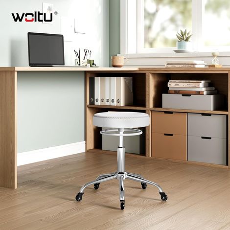 Tabouret Bureau WOLTU, Tabouret roulettes en PU, roulettes en Caoutchouc, Hauteur Réglable, Blanc (1/5)