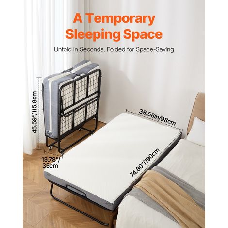 Lit d'Appoint Pliant 96,5 x 190 cm, Taille Jumeau, avec Cadre en Métal Robuste et Matelas en Mousse à Mémoire de Forme de 12,5 cm d… (1/5)