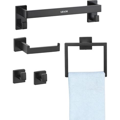 Accessoires de Salle de Bain 5PCs, Porte Serviettes Mural en Inox, Barre 40 cm, avec Support Serviettes Carré, 2 Crochets pour Peignoir et Porte-papier Toilette, Kit de Quincaillerie, Noir Mat (1/5)