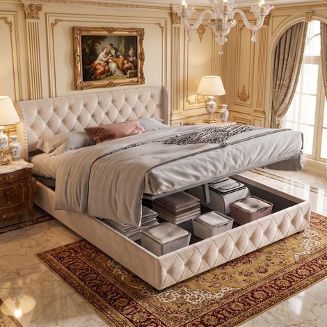 JOOKGBD‑Letto contenitore 140x190cm letto matrimoniale in velluto beige, sollevamento idraulico, testiera trapuntata con finiture a borchie, rete a doghe, struttura rinforzata (1/5)