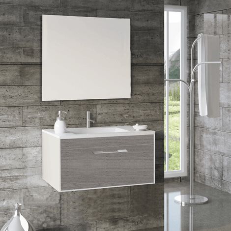 Mueble de baño Florencia 3 piezas ( mueble + lavabo + espejo). Se envía montado 90CM con seno desplazado a izquierda Combi (Smoky + Blanco brillo)