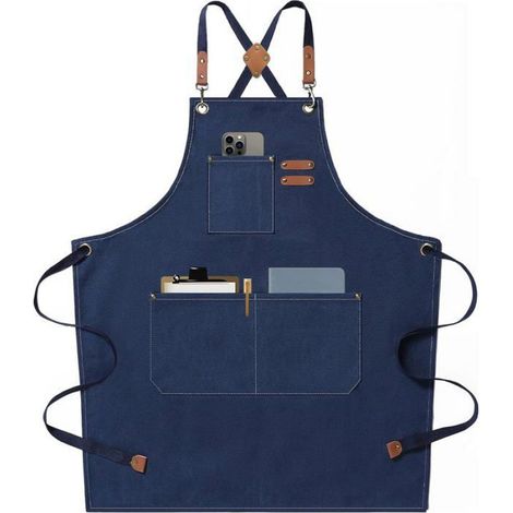 Tablier Cuisine - Toile Coton 16 Oz - Bretelles Croisées Ajustables - Grandes Poches - Tailles M à XXL - Bleu (1/5)
