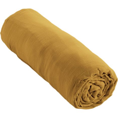 Drap housse Gaze de Coton 180x200 GAIA matelas épais Jaune Safran (1/5)