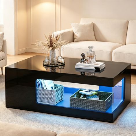 Table Basse Laquée Brillante, Ajourée, Étagères Latérales En Verre Trempé, Bande Led, Panneaux De Particules, Noir, 50 X 100 X 35 cm (1/5)