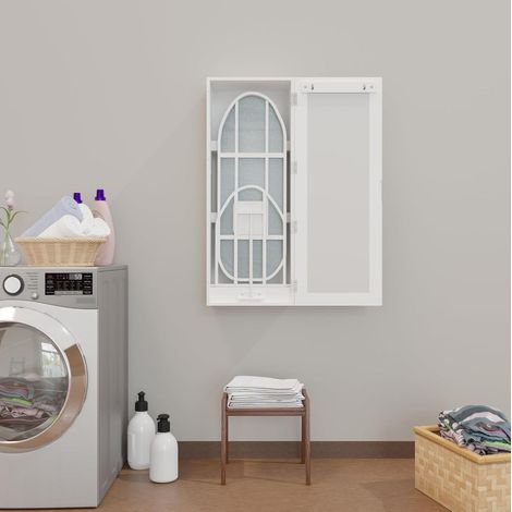 Meuble de repassage mural avec armoire de rangement et miroir, MDF blanc 95,5 x 35,5 x 21 cm HAVRYA (1/4)