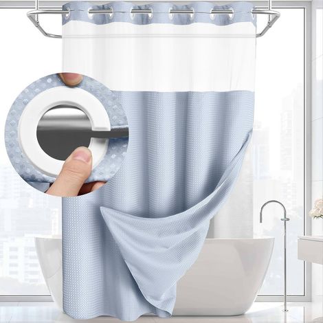 Rideau de douche double couche sans crochets – 180×190 cm – motif nid d’abeille – avec doublure – fenêtre en voile translucide – base magnétique (Bleu) (1/5)