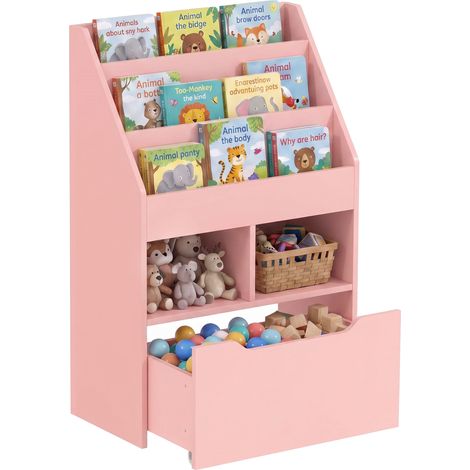Bibliothèque en bois pour enfants avec 3 compartiments. 2 cubes et un tiroir mobile à 4 roulettes. 60 x 29.9 x 90 cm. rose (1/5)