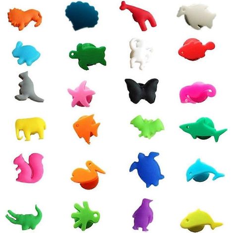 Lot de 24 marque-verres en silicone représentant des animaux marins et terrestres. Étiquettes et marque-verres pour l'identification des verres. (1/5)