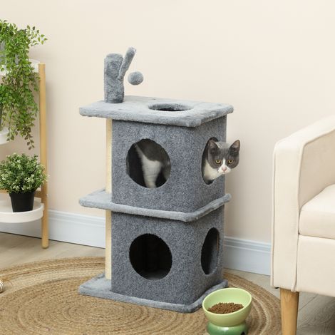 Tiragraffi a 3 livelli, torre per gatti con 2 nascondigli e comoda superficie di riposo, palla, 43 x 33 x 80 cm, grigio scuro