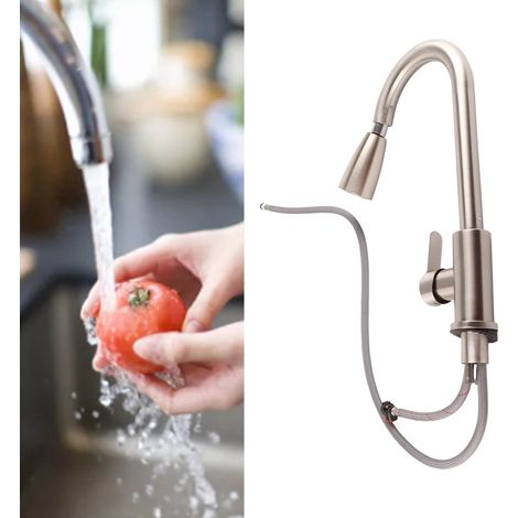 Robinet de cuisine extractible en acier inoxydable à double sortie, robinet télescopique d'eau chaude et froide à bec haut avec poignée unique et douchette extractible pour évier (1/5)