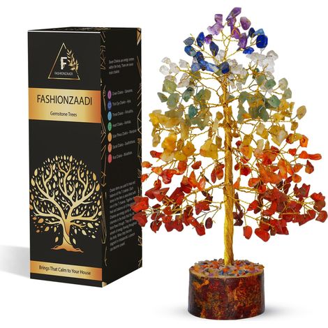 Gemstone Bonsai Money Tree Healing Crystals Stone for Chakra Reiki Feng Shui Home Office Table Decor Size -10 inch (Seven Chakra Golden Wire) (1/5)
