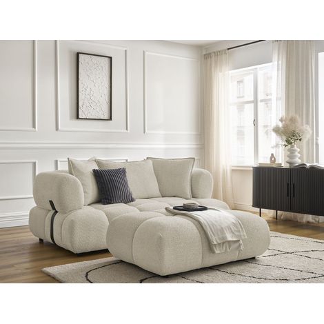 BOBOCHIC - Canapé droit fixe 2 places ALYA tissu bouclette avec pouf   Beige (1/5)