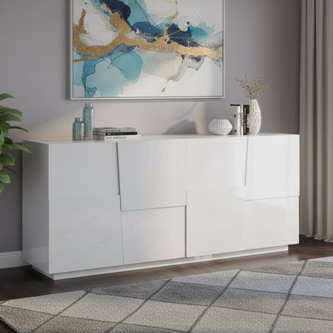 Dmora - Aparador Yago, Buffet de salón, Aparador de salón moderno con 4 puertas, 200x44h86 cm, Blanco brillo (1/5)