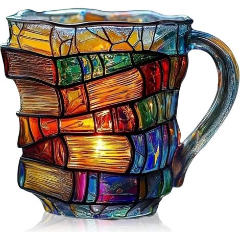 3D bemalte Glas-Buchtasse (kein Harz) für heiße und kalte Getränke – Kaffeetasse mit Bibliotheksmotiv, Geschenk für Buchliebhaber, Schriftsteller – bunt, hitzebeständig und bruchsicher (A)