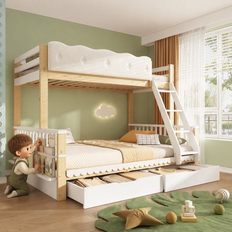 Lit superposé bois 90x200 et 140x200cm avec barrière nuage, tiroirs, porte-revues, conforme norme EN 747:2024, blanc et chêne (1/5)