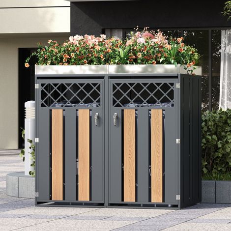 Armadio da giardino per bidoni in acciaio zincato grigio effetto legno, 2 vani con fioriera integrata e porte chiudibili (1/5)