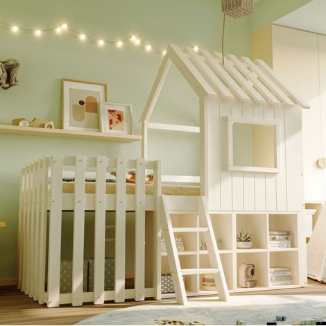 Letto rialzato bambini 90x200 cm semialto con tetto, finestra, vano portaoggetti e scala, senza materasso, bianco (1/5)