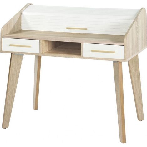 Bureau secrétaire 2 tiroirs chêne clair et blanc happy 104cm