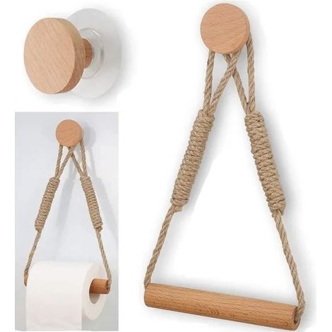 Porte Papier Toilette - Vintage - Corde de Chanvre - Bois de Hêtre - Auto-adhésif - Sans Perçage comme indiqué sur PORTE ROULEAU WC (1/4)
