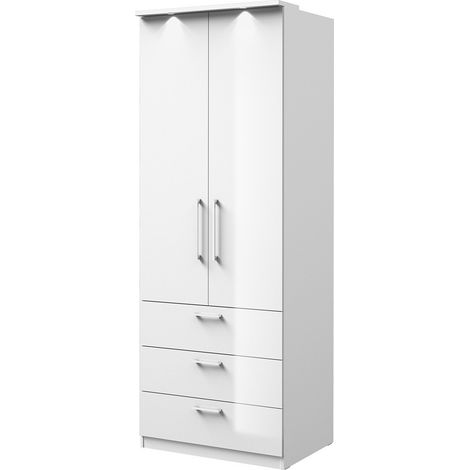 Armadio 2 porte e 3 cassetti per cabina armadio collezione MODULO colore bianco con LED e pacchetto 3 scaffali incluso.