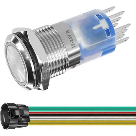 Interrupteur à Bouton-Poussoir Momentané en Acier Inoxydable 16mm Diamètre de Montage DPDT 2NO 2NC 12V-24V/5A LED Bleue avec Fil de Prise (1/5)