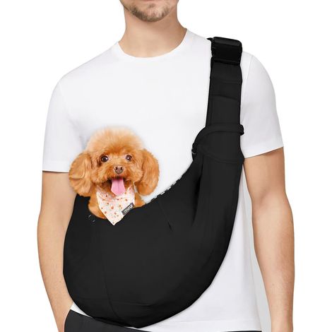 Sac de Transport pour Chien,Sac Transport Chiot, Réversible Sling Bandoulière Réglable, avec Crochet de Collier pour Chiot/Chat/Lapin Jusqu'à 4.99kg, Noir (1/5)