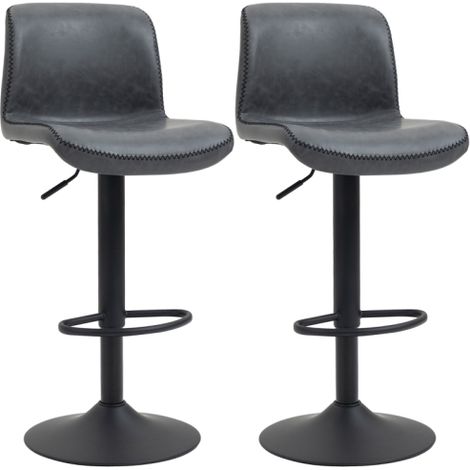 Set of 2 Adjustable Height PU Leather Bar Stools with Swivel Seat and Footrest for Kitchen Breakfast Bar in Dark Grey