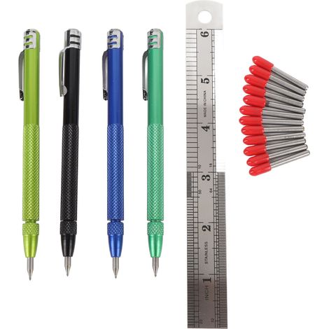 Lot de 4 stylos à tracer magnétiques avec règle, outil de marquage en carbure de tungstène pour carrelage, verre, marbre, pierre et métal. (1/5)