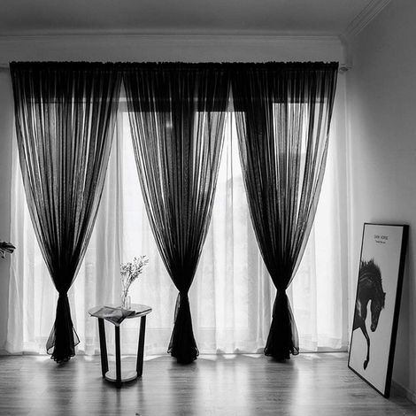 1 Panneau Rideau Voile Polyester, Passe-Tringle, 100x200 cm, Noir, Pour Salon Chambre Hôtel (1/5)