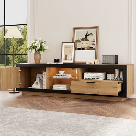 Mueble TV LED con almacenamiento (160x40x50 cm), control por app Bluetooth, 1 cajón, vidrio templado, negro y roble (1/5)